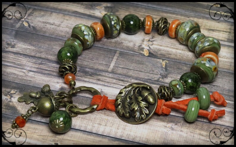 Bracelet, Jewelry, Handmade, Beaded, Lampwork, Glass, Leather, Bronze, Brass, Pumpkin, Olive, Sage, Green, Ivory, Acorn, Oak Leaf, Leaves image 2