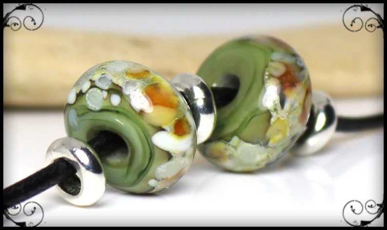 Handmade Lampwork Beads Pair for Earrings Olive and Ivory image 2