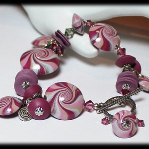 Plum Sparkle... Handmade Jewelry Bracelet Beaded Cha Cha Polymer Clay Crystal Swirl Spiral Silver Mauve Amethyst Pink Purple Smoke Gray image 2