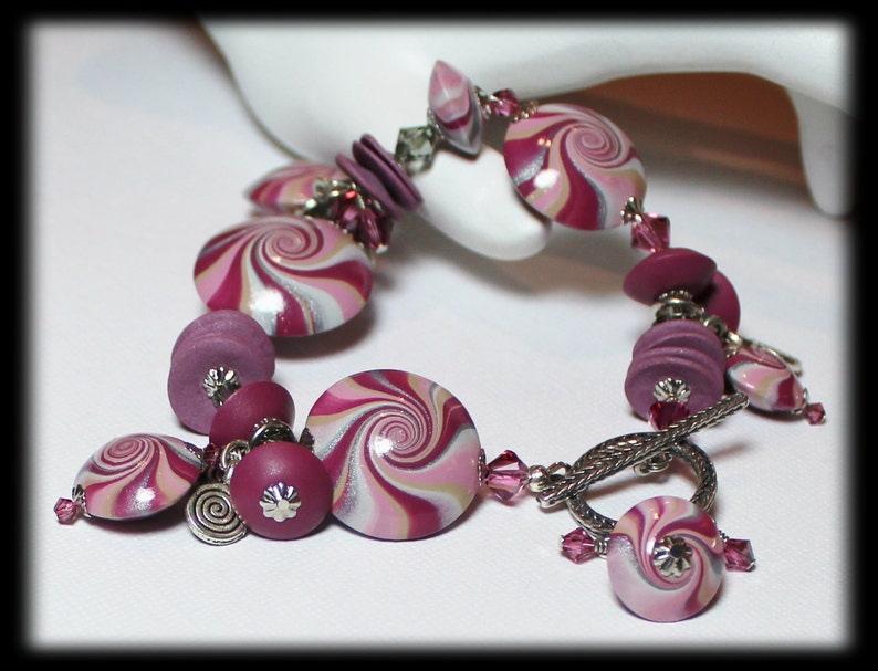 Plum Sparkle... Handmade Jewelry Bracelet Beaded Cha Cha Polymer Clay Crystal Swirl Spiral Silver Mauve Amethyst Pink Purple Smoke Gray image 2