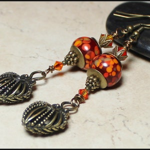 Fire Dance... Handmade Jewelry Earrings Beaded Lampwork Glass Crystal Antique Brass Brick Red Flame Orange Yellow Artisan Boho Long Heart image 2