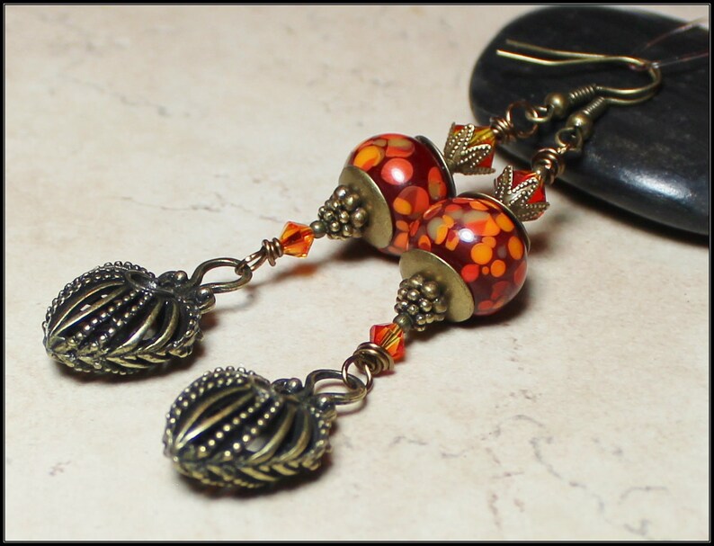 Fire Dance... Handmade Jewelry Earrings Beaded Lampwork Glass Crystal Antique Brass Brick Red Flame Orange Yellow Artisan Boho Long Heart image 2