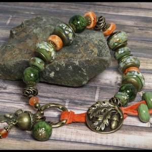 Bracelet, Jewelry, Handmade, Beaded, Lampwork, Glass, Leather, Bronze, Brass, Pumpkin, Olive, Sage, Green, Ivory, Acorn, Oak Leaf, Leaves image 4