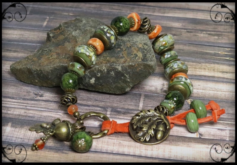 Bracelet, Jewelry, Handmade, Beaded, Lampwork, Glass, Leather, Bronze, Brass, Pumpkin, Olive, Sage, Green, Ivory, Acorn, Oak Leaf, Leaves image 4