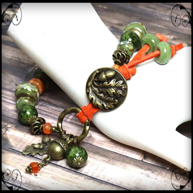 Bracelet, Jewelry, Handmade, Beaded, Lampwork, Glass, Leather, Bronze, Brass, Pumpkin, Olive, Sage, Green, Ivory, Acorn, Oak Leaf, Leaves image 3