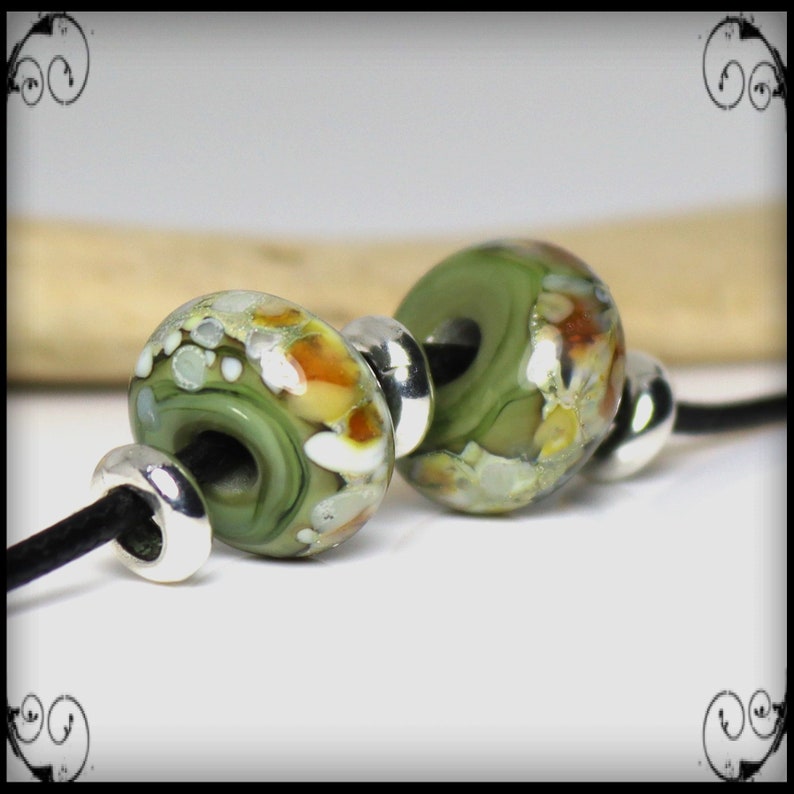Handmade Lampwork Beads Pair for Earrings Olive and Ivory image 4