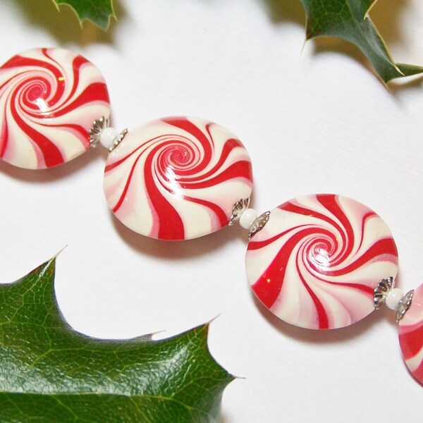 Christmas Beads, Polymer Clay Beads, Polymer Clay Swirl Beads,  Peppermint Beads, Candy, Red and White..Peppermint Swirls