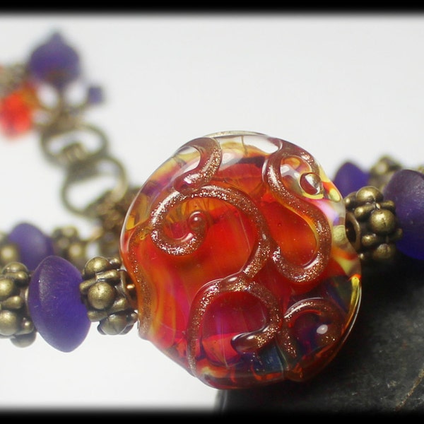 Reserved for Patty... Fire Dance...Handmade Jewelry Bracelet Beaded Lampwork Crystal Wirework Bangle Cuff Antique Brass Purple Pink Orange