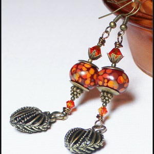 Fire Dance... Handmade Jewelry Earrings Beaded Lampwork Glass Crystal Antique Brass Brick Red Flame Orange Yellow Artisan Boho Long Heart image 3