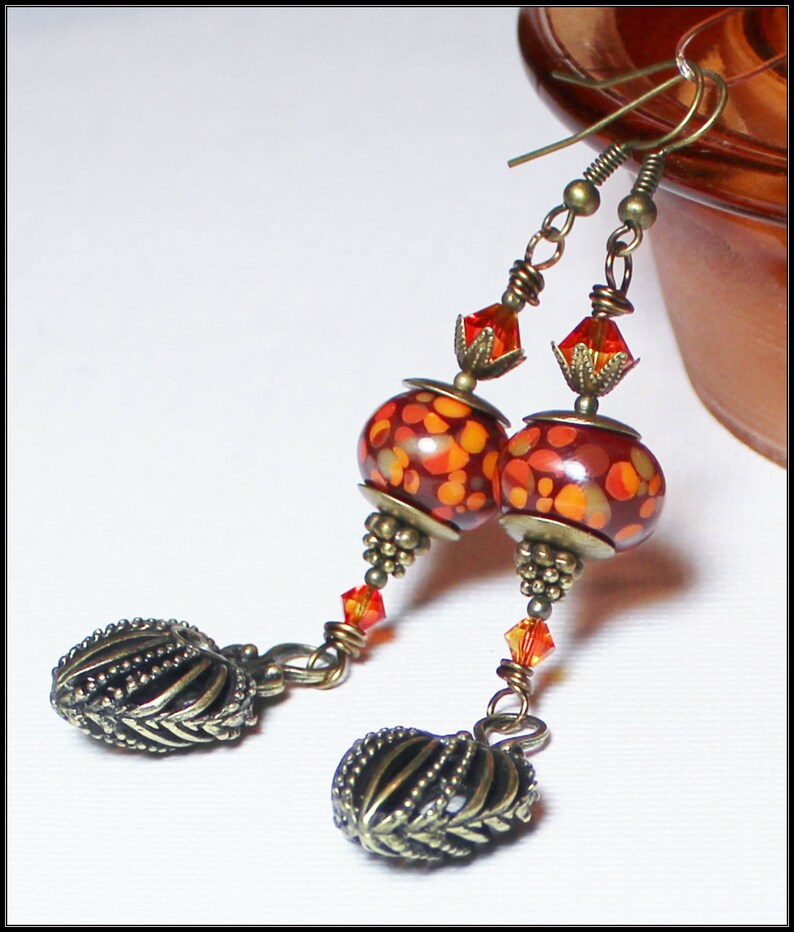 Fire Dance... Handmade Jewelry Earrings Beaded Lampwork Glass Crystal Antique Brass Brick Red Flame Orange Yellow Artisan Boho Long Heart image 3