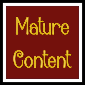 Könnte beinhalten: Ein rotes Quadrat mit den Worten "Mature Content" in gelbem umrandetem Text.