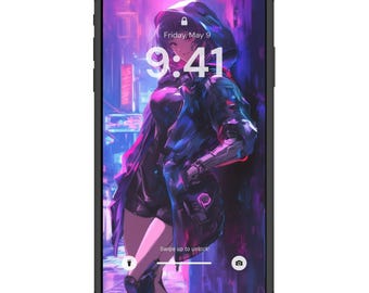 May include: Black smartphone displaying a digital art image of a person in a futuristic setting. The image features a figure in a hooded jacket with purple and blue tones. The time is displayed as 9:41 on Friday, May 9. The phone has a black case.