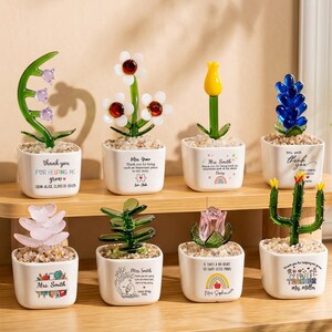 ガラス製植木鉢、名前入りミニガラス製花サボテンオーナメント、学期末ギフト、先生への感謝、新学期