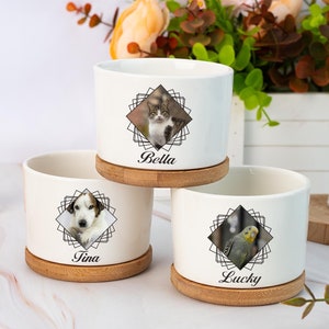 Puede incluir: Tres macetas de cerámica blanca con bases de bambú. Cada maceta presenta una foto de mascota diferente con un diseño geométrico y el nombre de la mascota: Bella, Tina y Lucky.