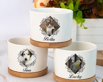 Puede incluir: Tres macetas de cerámica blanca con bases de bambú. Cada maceta presenta una foto de mascota diferente con un diseño geométrico y el nombre de la mascota: Bella, Tina y Lucky.
