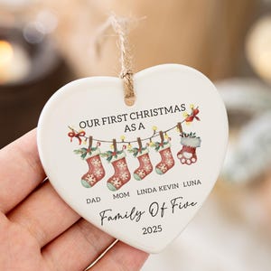 Our First Christmas As A Four, Famliy First Christmas Tree Ornament with Pet, First Christmas as a Family of 4, Ceramic Bauble Keepsake Gift
