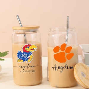 Personalized University Logo 16oz Glass, Grduation Gift Iced Coffee Glass, College Logo Tumbler, Class of 2025 Gift, University Team Cup