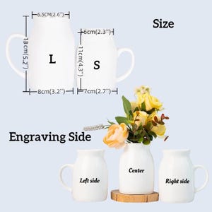 May include: Two white ceramic vases with a rounded shape and a handle. The vase on the left is labeled "Left side" and the vase on the right is labeled "Right side". The vase in the center is labeled "Center". The vases are 6.5 cm (2.6 inches) tall and 11 cm (4.3 inches) tall. The vases are shown with a bouquet of yellow flowers.