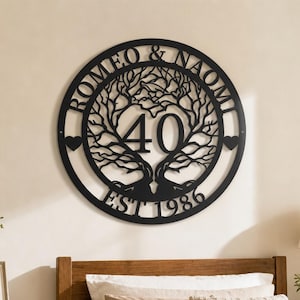 May include: A circular black metal wall sign featuring a tree silhouette with intertwined branches. The text ROMEO & NAOMI is arched at the top, the number 40 is centered, and EST 1986 is at the bottom. Two small hearts are on the left and right sides.