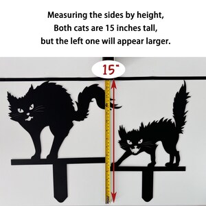 May include: Black metal cat silhouettes, each 15 inches tall, are displayed on a white background. The cats are positioned on a horizontal bar with a vertical stake. Text above reads "Measuring the sides by height, Both cats are 15 inches tall, but the left one will appear larger."