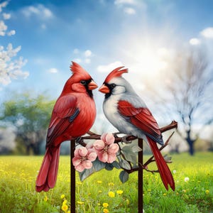 Cardinals Garden Metal Sign with Stake,Cardinal Sign Yard Art,Cardinal Garden Stake,Anniversary Gift for Parents,Lovebirds Art Sign