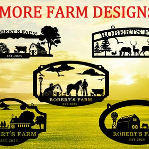 May include: Black metal farm signs with various designs, including a tractor, barn, and animals. Each sign features the text "ROBERT'S FARM" and "EST. 2025". The signs are displayed against a yellow and green background, with the words "MORE FARM DESIGNS" at the top.