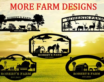 May include: Black metal farm signs with different rural designs, including a tractor, barn, and animals. Each sign has the text "ROBERT'S FARM" and "EST. 2025". The signs are set against a yellow and green background, with the words "MORE FARM DESIGNS" at the top.