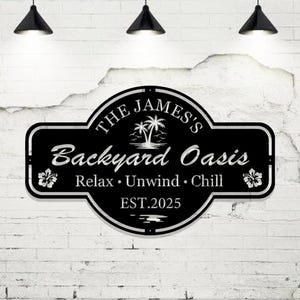 Personalized Backyard Oasis Metal Sign,Outdoor Wall Decor,Custom Backyard Yard Sign Decor,Palm Tree Backyard,Patio Oasis Sign,Gift for Him