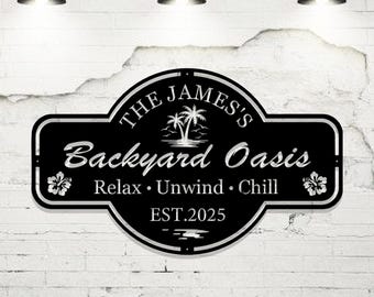 Personalized Backyard Oasis Metal Sign,Outdoor Wall Decor,Custom Backyard Yard Sign Decor,Palm Tree Backyard,Patio Oasis Sign,Gift for Him