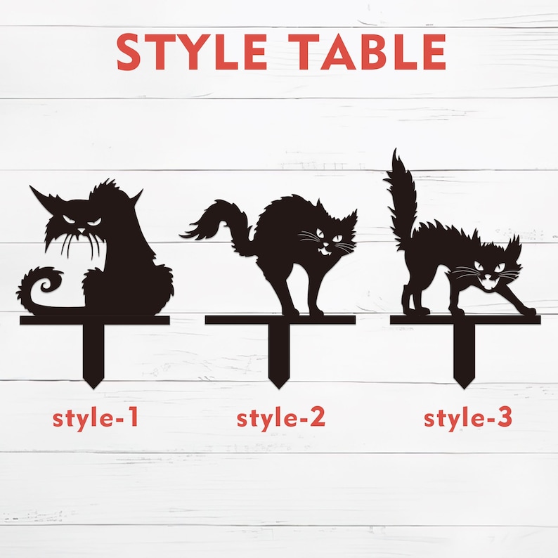 May include: Black metal cat yard stakes in three different styles. Each cat has a unique pose and expression, with the text "STYLE TABLE" at the top. The styles are labeled "style-1", "style-2", and "style-3" in red.