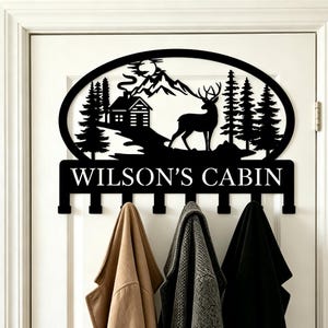 Custom Cabin Name Metal Coat Hooks, Mountain Deer & Pine Tree Metal Wall Hooks, Rustic Lodge Entryway Decor,Birthday Present