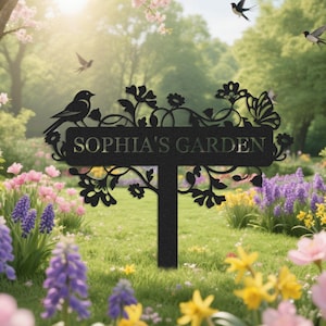 Custom Garden Metal Sign,Bird with Flower Garden Stake,Personalized Flower Design,Custom Garden Name Sign,Garden Sign Decor,Outdoor Yard Art