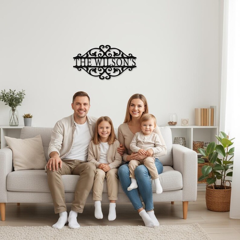 K&ouml;nnte beinhalten: Ein schwarzes Metall-Familiennamenschild mit dem Text "THE WILSON'S" in einer dekorativen Schriftart, montiert an einer wei&szlig;en Wand. Das Schild hat verzierte Schn&ouml;rkel und befindet sich &uuml;ber einer vierk&ouml;pfigen Familie, die auf einem grauen Sofa sitzt.