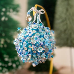 Blue and Silver Iridescent Christmas Ornament -  One of a Kind Hand Bead and Stacked Sequin Ornament  | Blue Christmas | Vintage Christmas