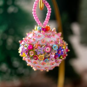 Pink Colorful Iridescent Christmas Ornament -  One of a Kind Hand Bead and Sequin Ornament | Christmas | Vintage Christmas