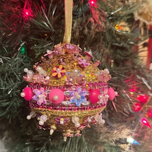 Pink-Silver -  Beaded  Iridescent Sequin Ornament - Silver Christmas - Pink Ornaments