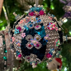 Handbeaded - Turquoise Sequin and Colorful Iridescent Flower Sequins and Beads. - Vintage Christmas - Unique Ornaments