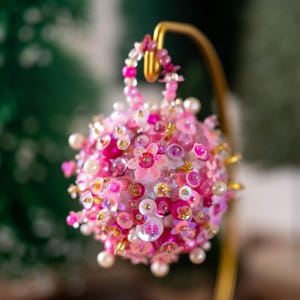 Pink iridescent -  One of a Kind Hand Bead and Sequin Ornament  | Flower Sequins | Vintage Christmas | Sparkles  | Anthro Christmas
