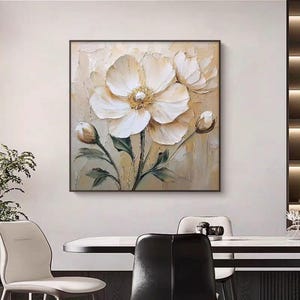 Magnifique tableau texturé pivoine blanche, texture épaisse, tons de couleurs tamisés, grande verticale, oeuvre d'art murale colorée, oeuvre d'art murale contemporaine pour salon