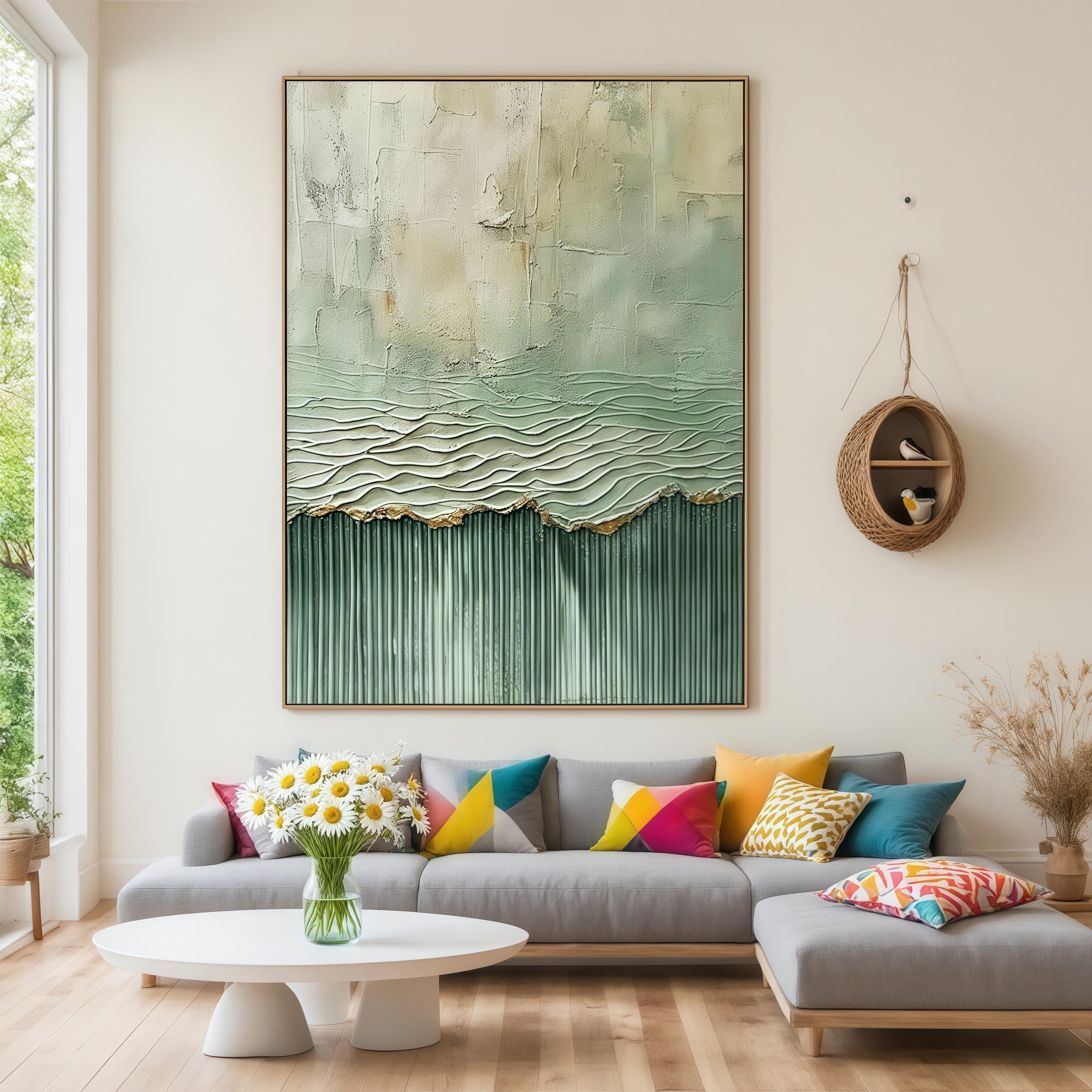 Abstract Texture Oil Wall Art Painting Green Zen Neutral Canvas Minimalist Natural Large Print Artwork, Original Modern Textured Home Decor