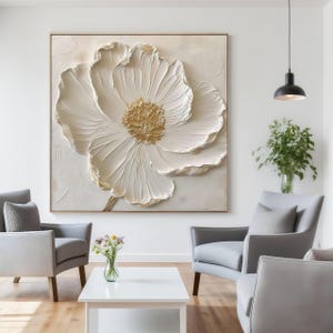 Peinture florale texturée 3D blanc crème, peinture florale minimaliste, art mural texturé doré, tableau salon bohème, grand art mural beige
