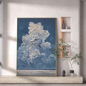 Original bleu ciel texture nuage blanc peinture à l'huile sur toile vertical grand minimalisme art mural 3D peinture texturée lourde bleu art abstrait