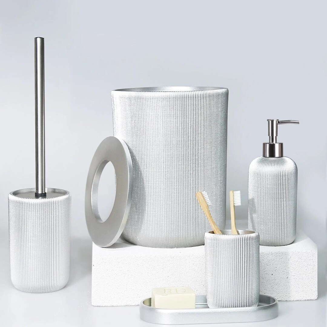 Lydia Silver Bathroom Accessory Sets With Dustbin, Toilet Brush, Soap ...