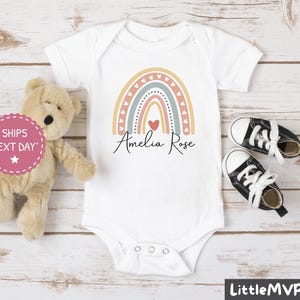 Girls Personalized Name Rainbow Onesie® - Custom Baby Girl Onesie® - Modern Neutral Rainbow - Unique Baby Name Onesie®