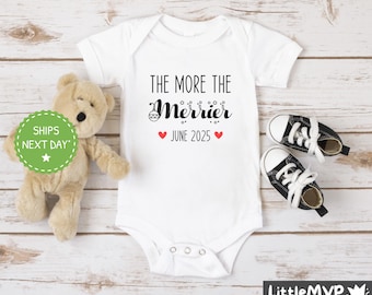 Christmas Pregnancy Announcement Onesie® - Personalized Baby Bodysuit - The More the Merrier - Second Baby - Custom Christmas Baby Gift