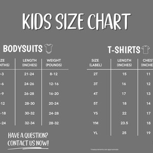 kids size chart with the measurements for each shirt