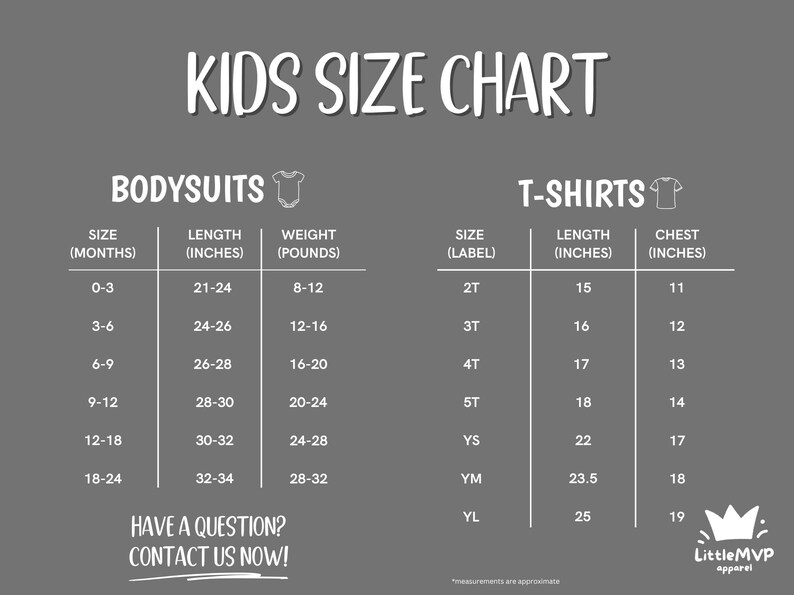 kids size chart with the measurements for each shirt