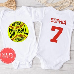 Mono de mi primera temporada de softbol, mono de softbol divertido, mono de softbol lindo, mono de softbol para niña, regalo de baby shower de softbol