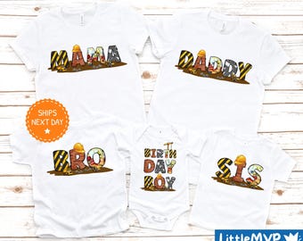 Chemises d'anniversaire de construction de famille - anniversaire de famille assorties - chemise d'anniversaire d'excavatrice - tenue de bébé personnalisée - t-shirts de fête d'anniversaire assortis