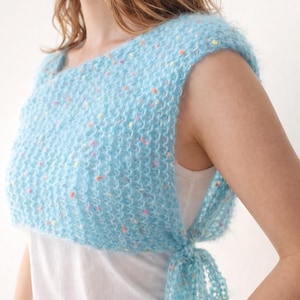Fluffy Mohair Shrug Handmade – Pastel Blue Knit Bolero – Soft Girl Aesthetic Top – Fairycore Wrap Sweater